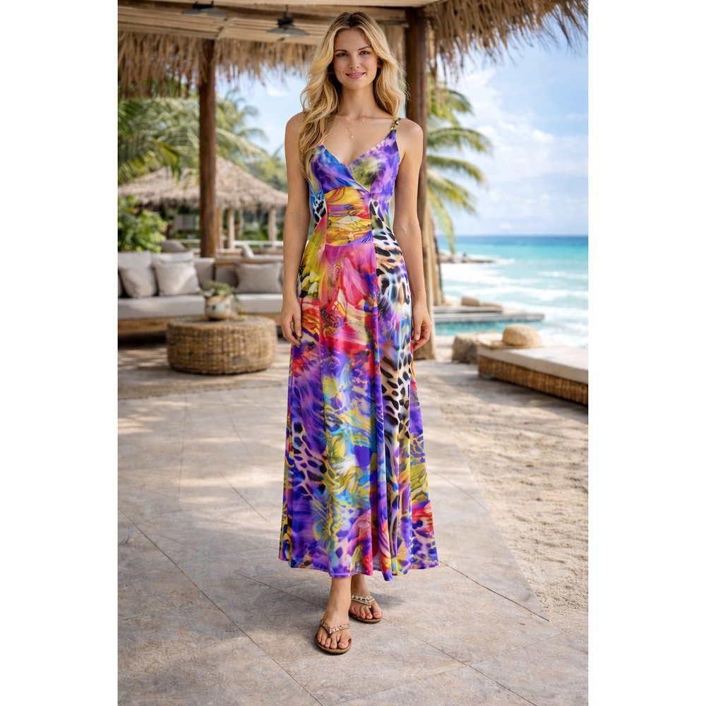 Y2K Colorful Patchwork Maxi Dress Animal Print Resort Travel Strappy EU40 US8